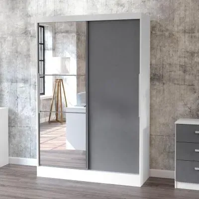 Lynx 2 Door Sliding Mirror Wardrobe - White and Grey