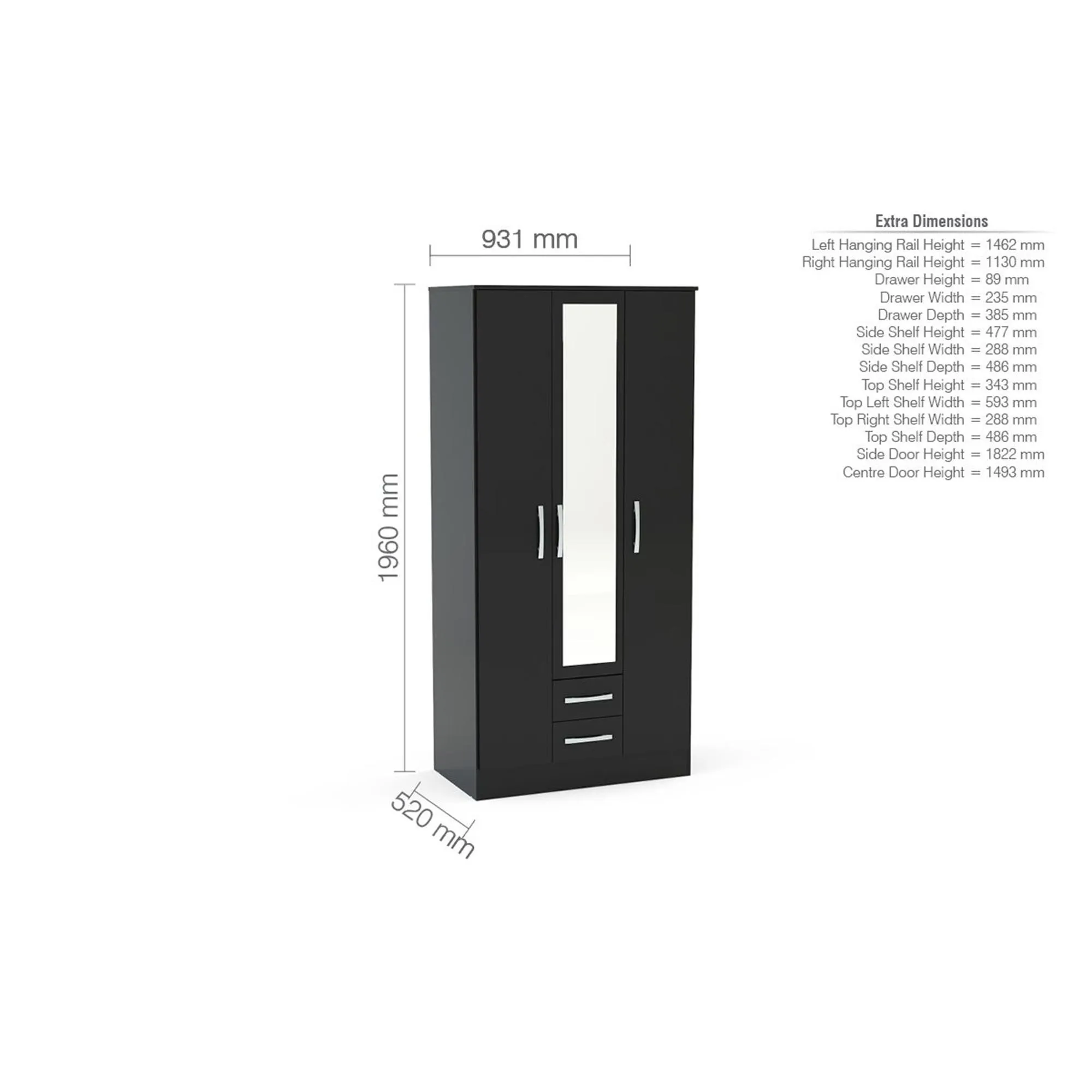 Lynx 3 Door Combi Wardrobe - Black