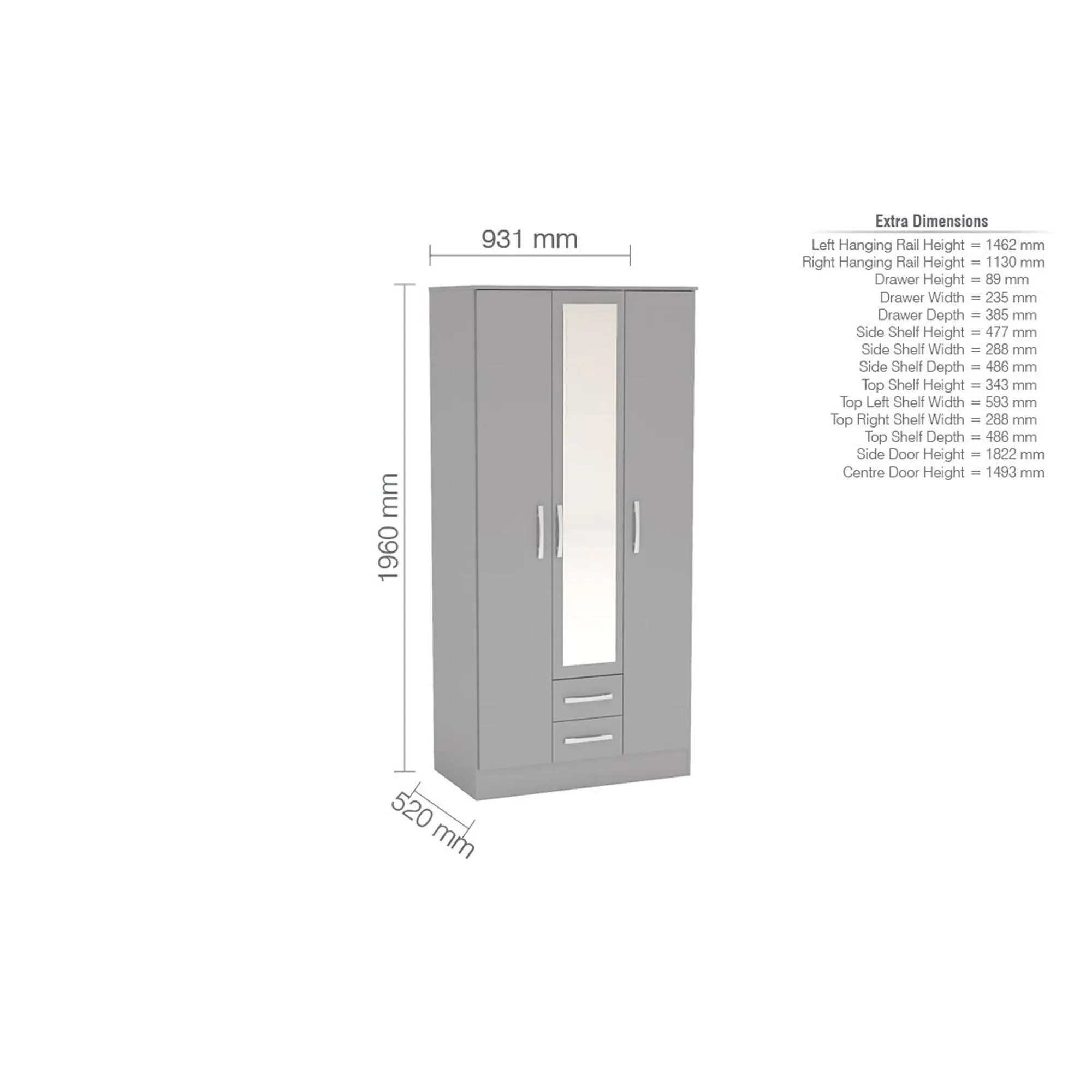 Lynx 3 Door Combi Wardrobe - Grey