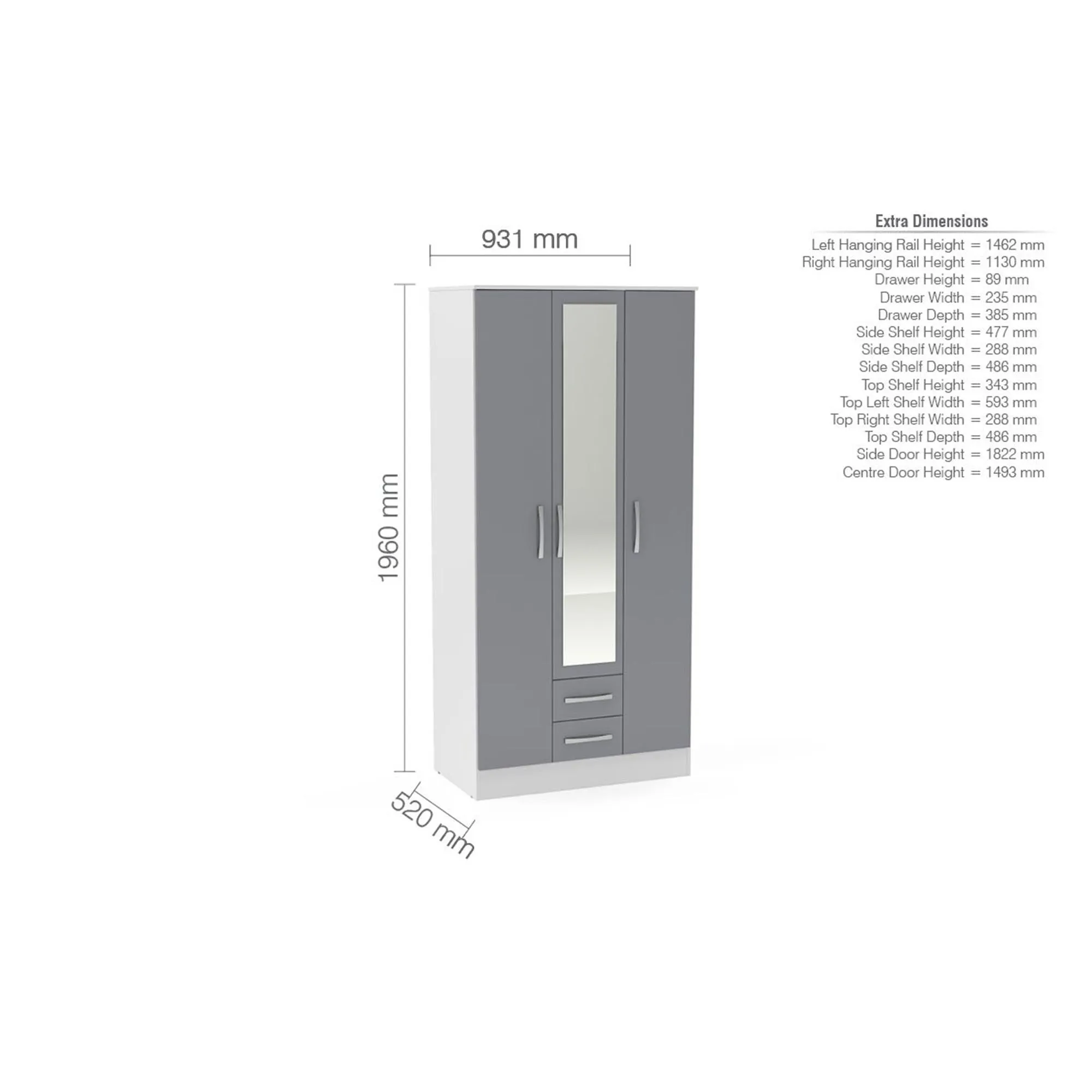 Lynx 3 Door Combi Wardrobe - White, Grey