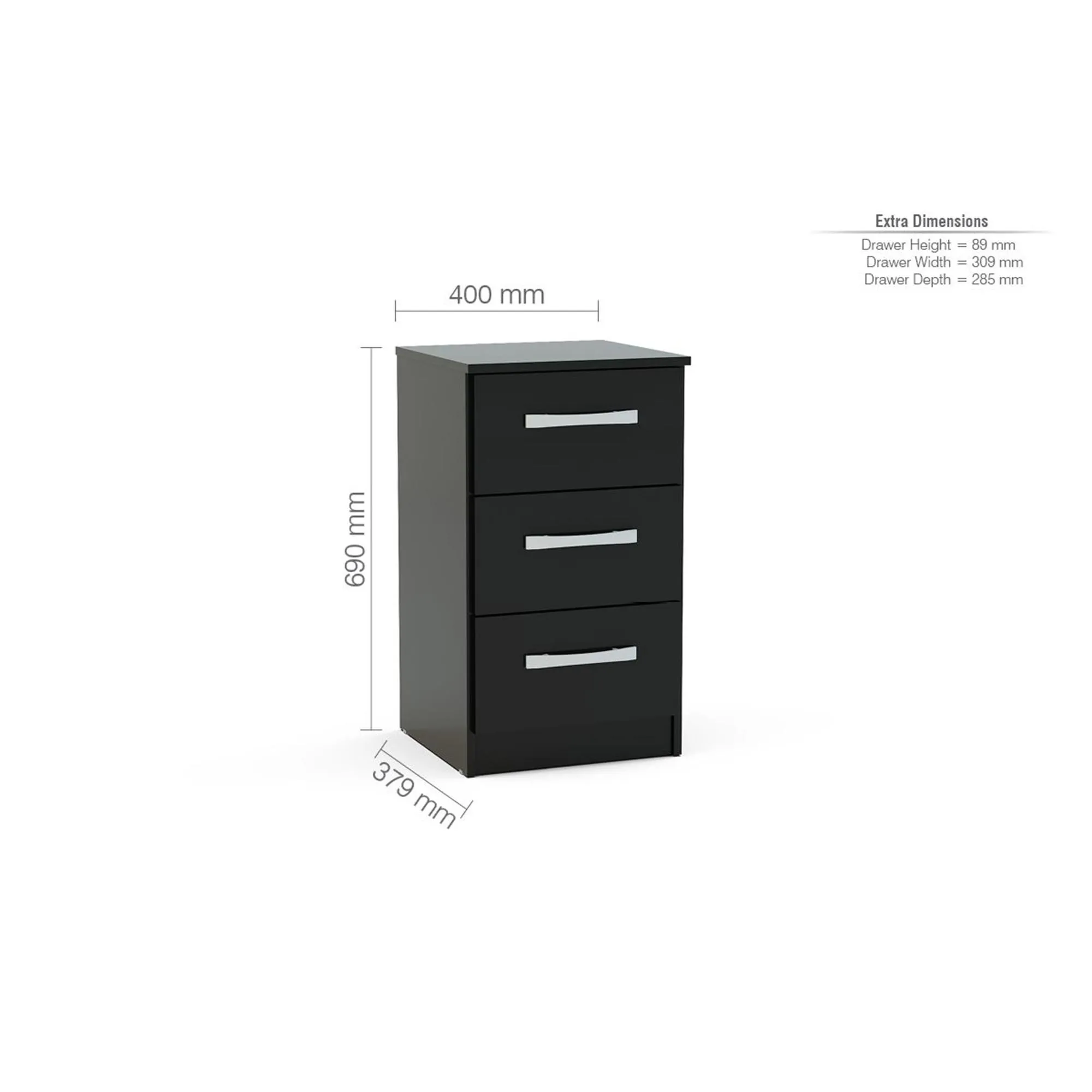 Lynx 3 Drawer Bedside Cabinet - Black, High Gloss