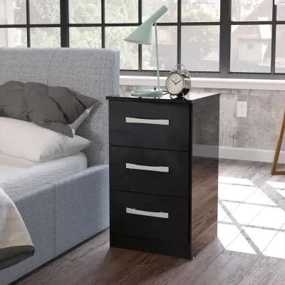 Lynx 3 Drawer Bedside Cabinet - Black, High Gloss image