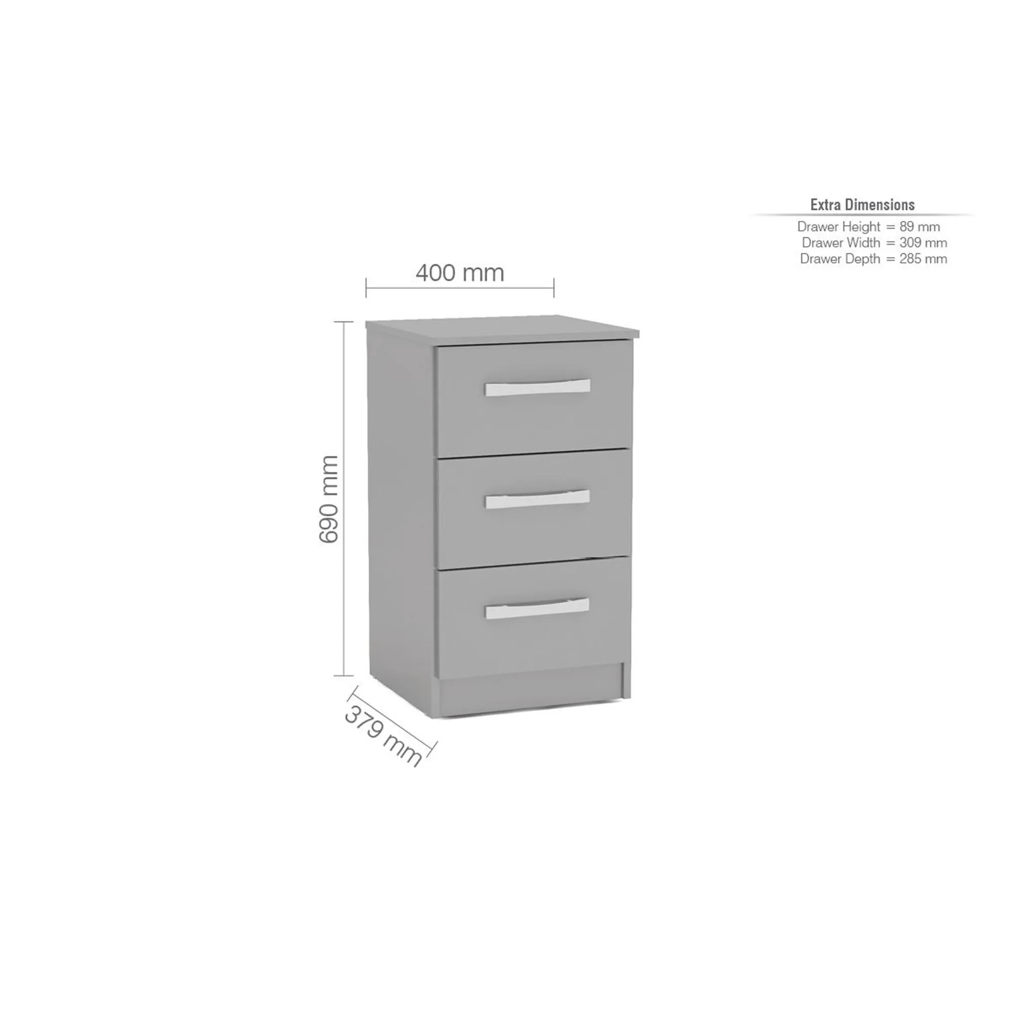 Lynx 3 Drawer Bedside Cabinet - Grey, High Gloss