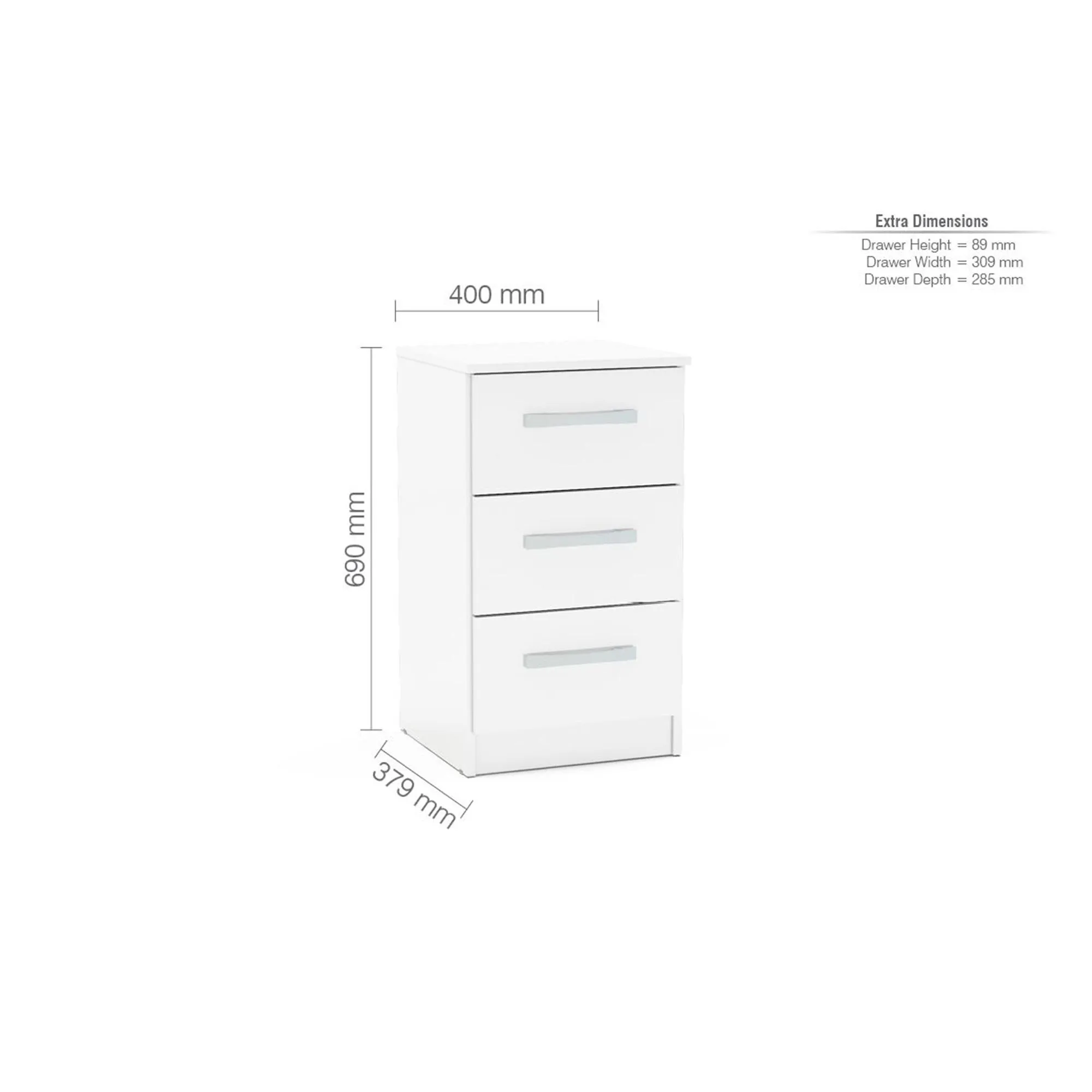 Lynx 3 Drawer Bedside Cabinet - White, High Gloss