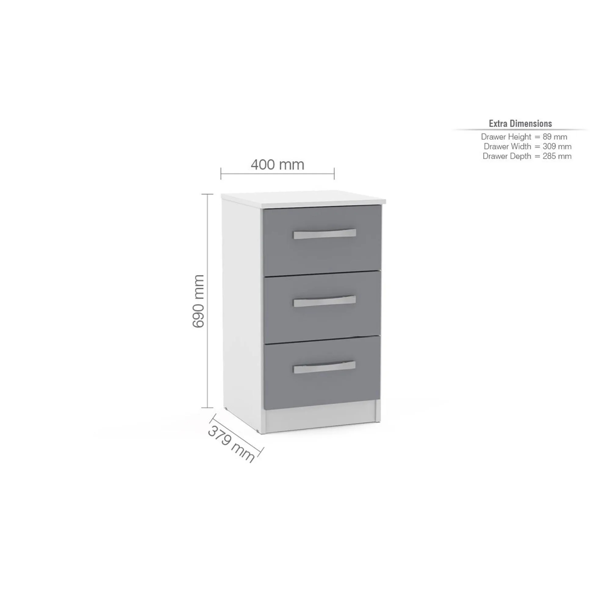 Lynx 3 Drawer Bedside Cabinet - White, High Gloss