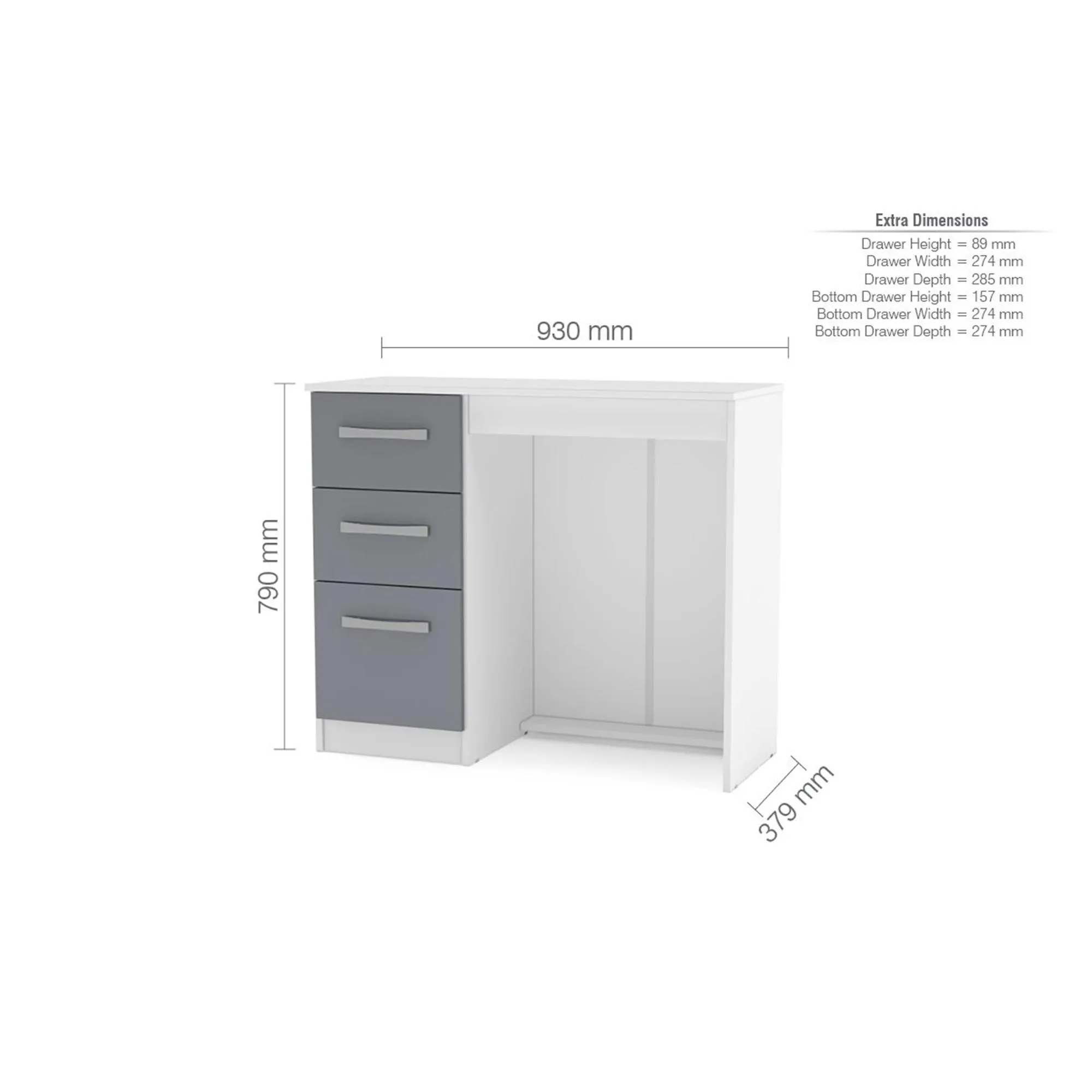 Lynx 3 Drawer Single Dressing Table - White