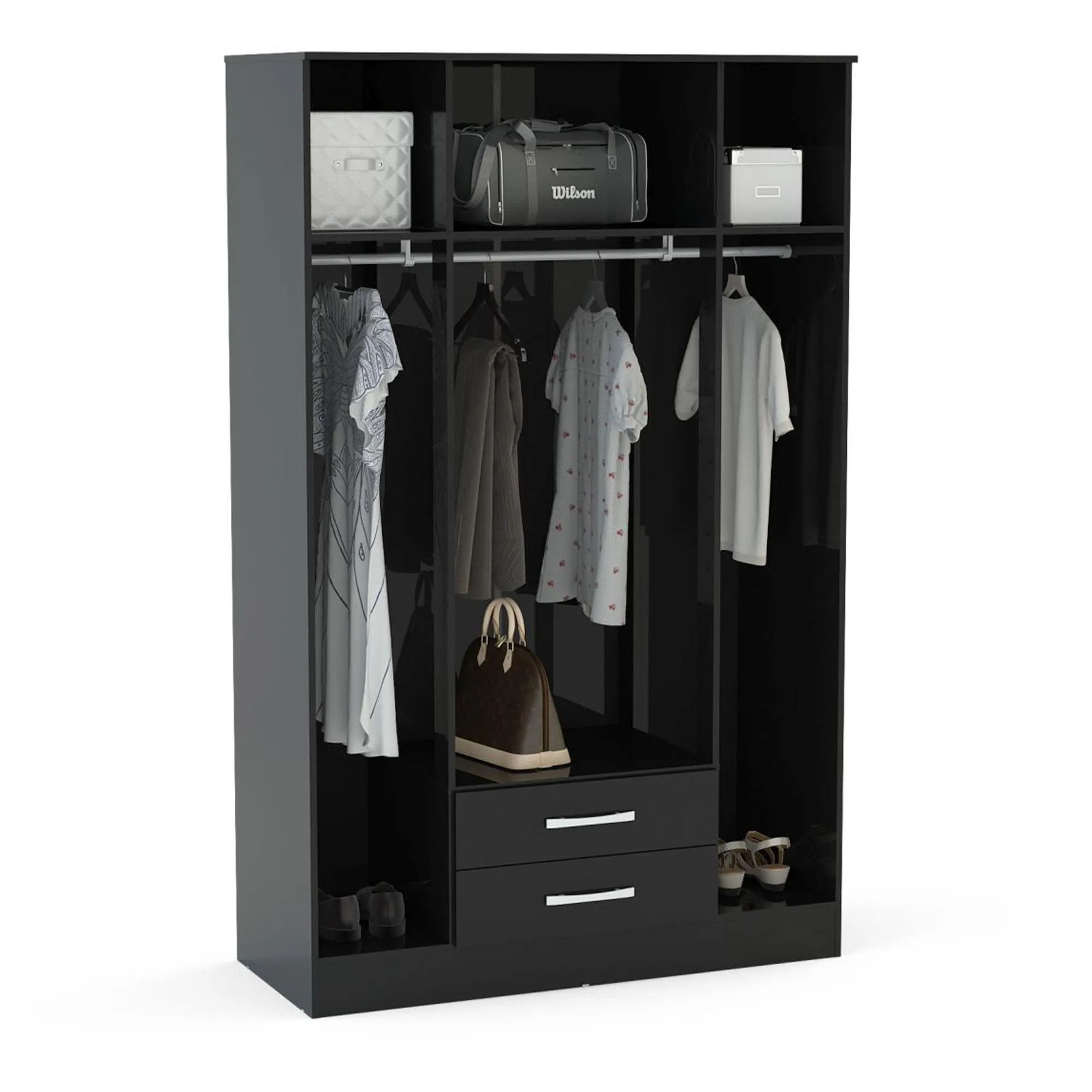 Lynx 4 Door Combi Wardrobe - Black, High Gloss