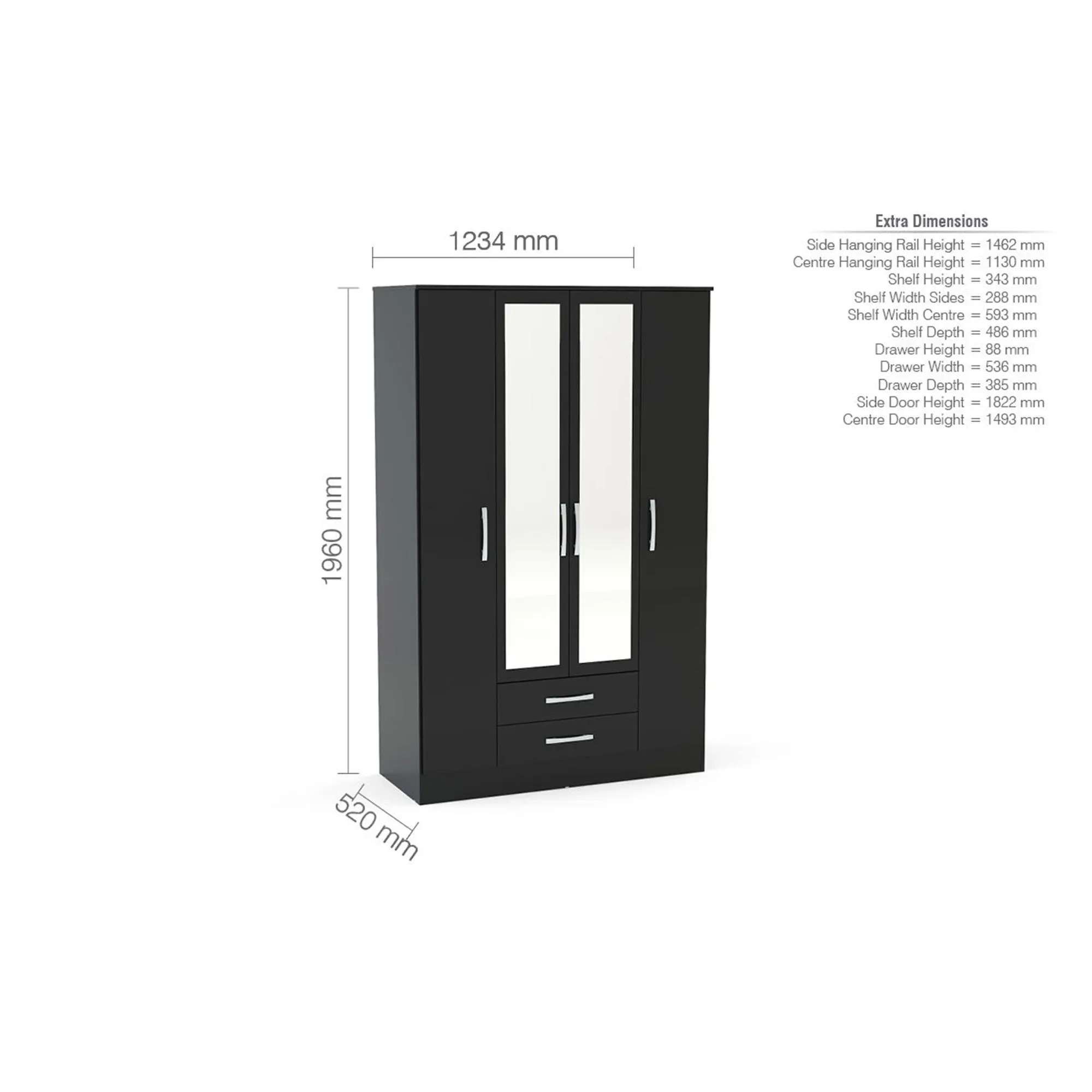 Lynx 4 Door Combi Wardrobe - Black, High Gloss