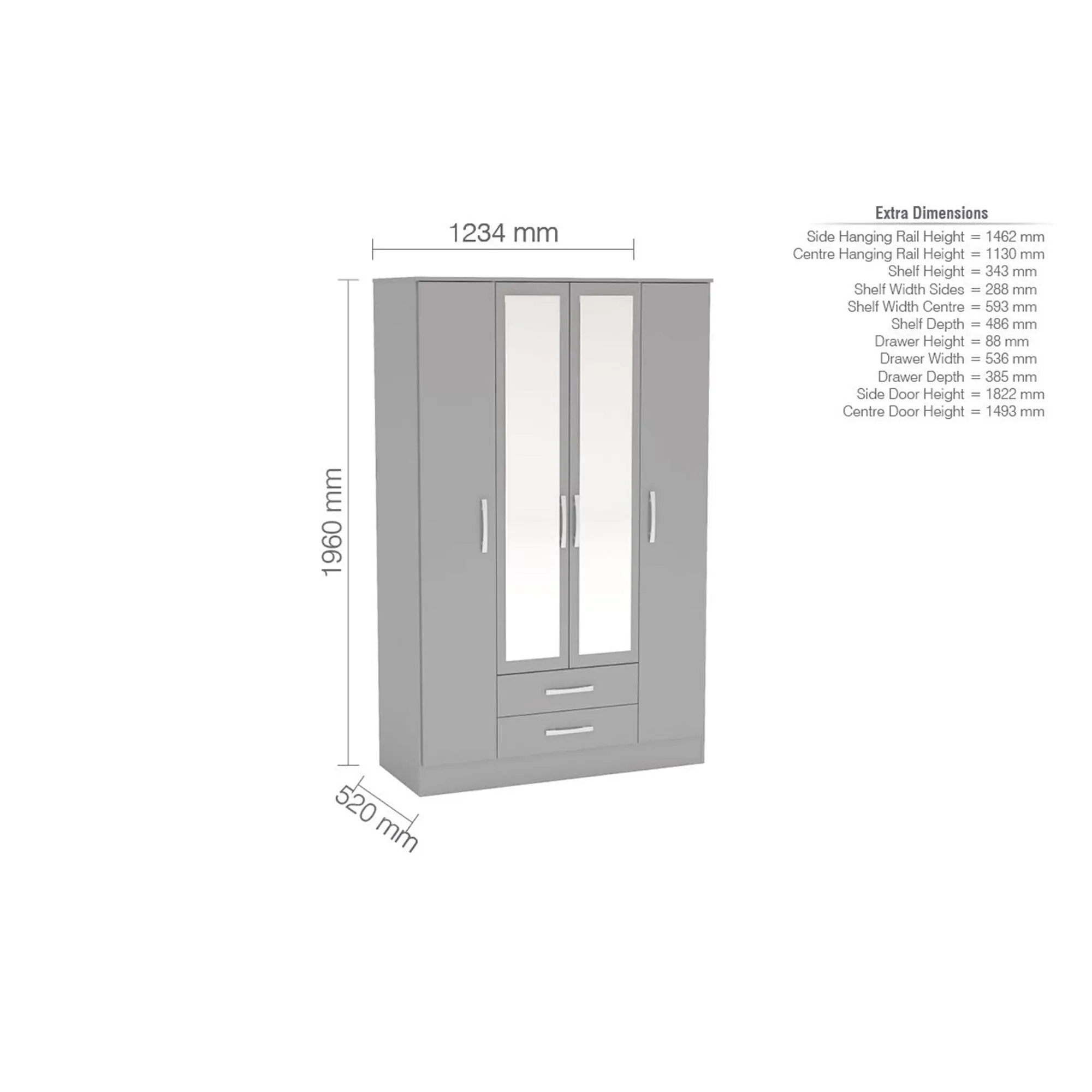 Lynx 4 Door Combi Wardrobe - Grey, High Gloss