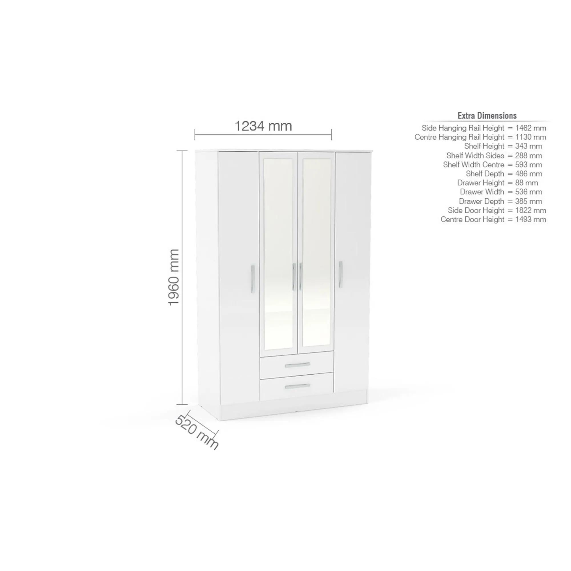 Lynx 4 Door Combi Wardrobe - White, High Gloss