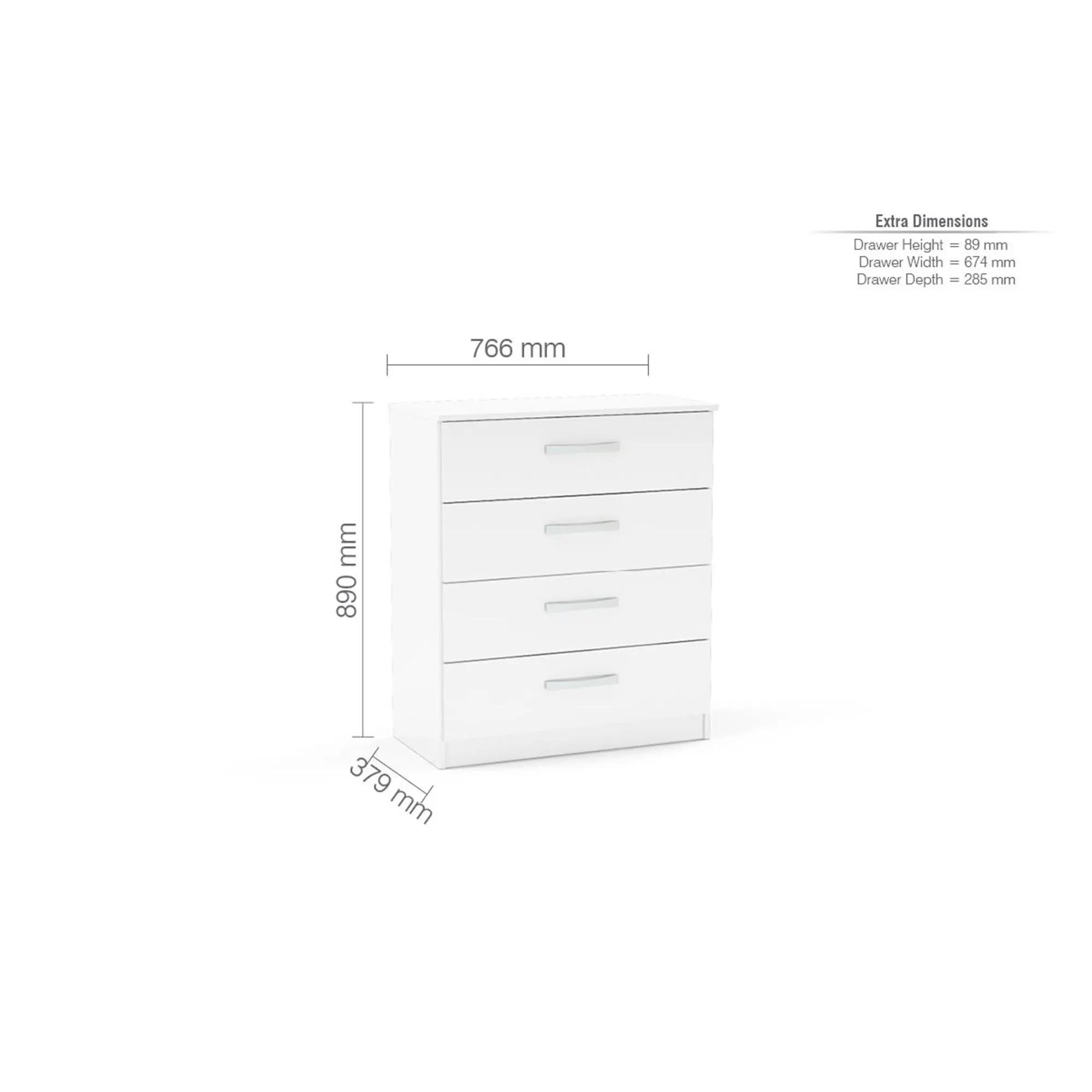 Lynx 4 Drawer Chest - White, High Gloss