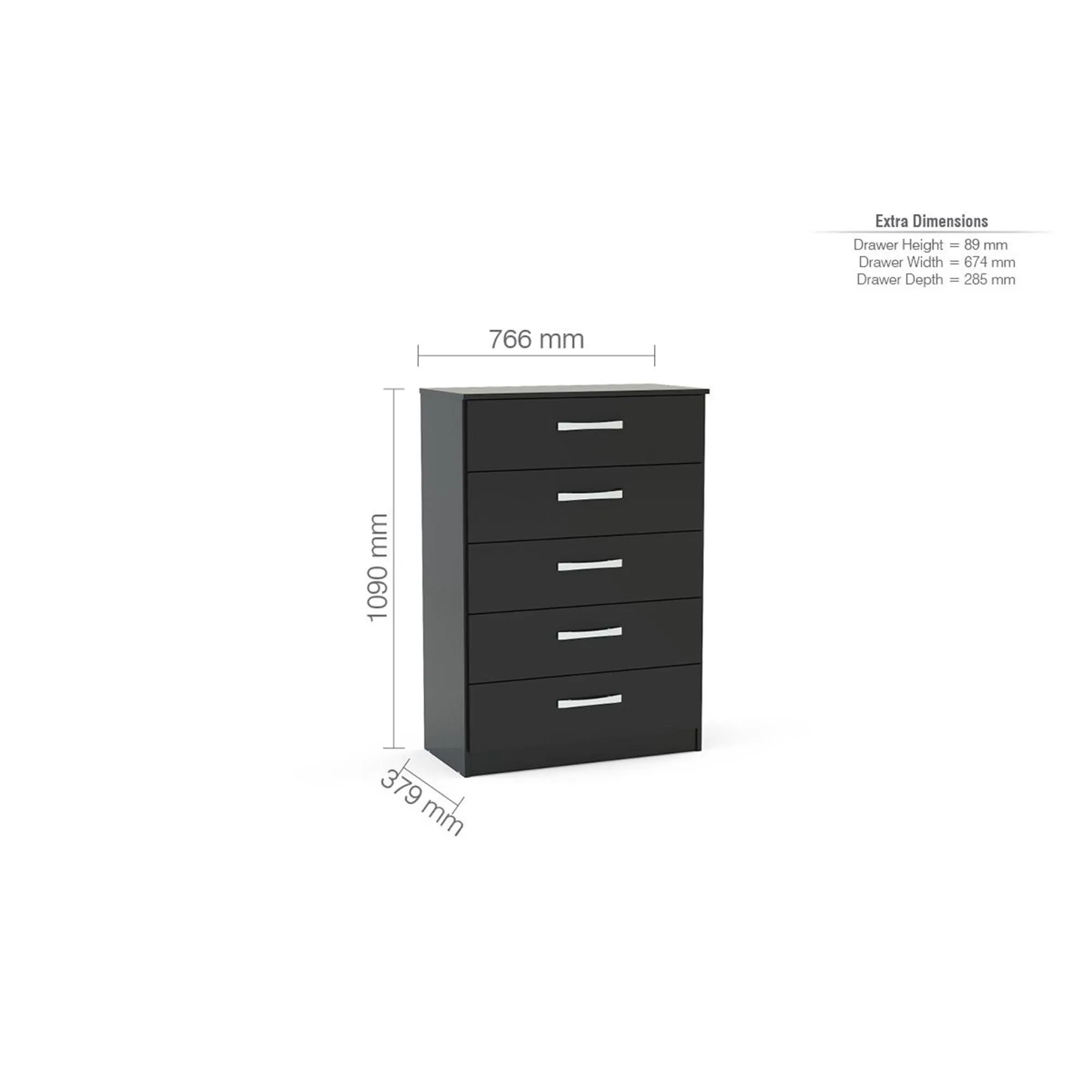Lynx 5 Drawer Chest - Black, High Gloss