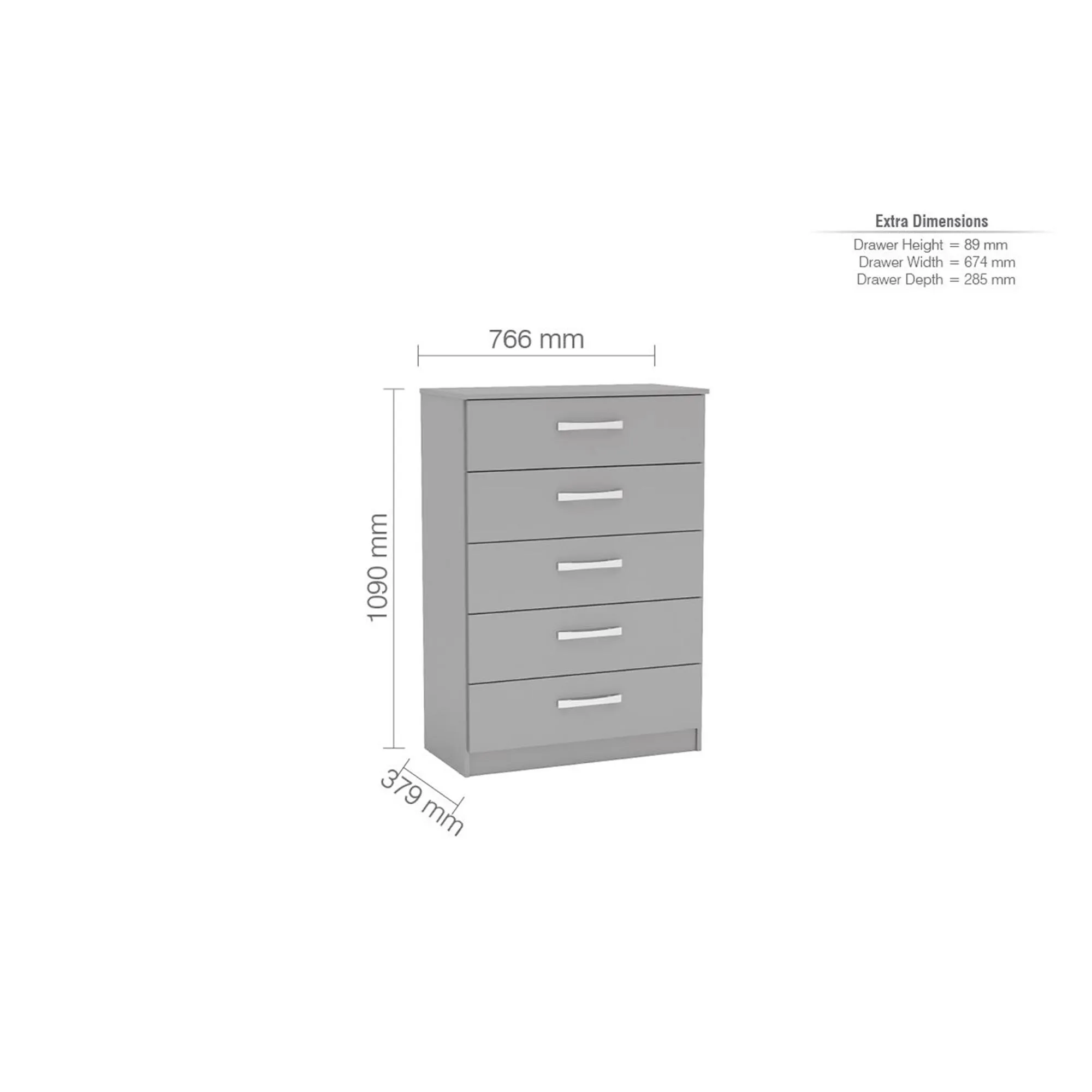 Lynx 5 Drawer Chest - Grey, High Gloss