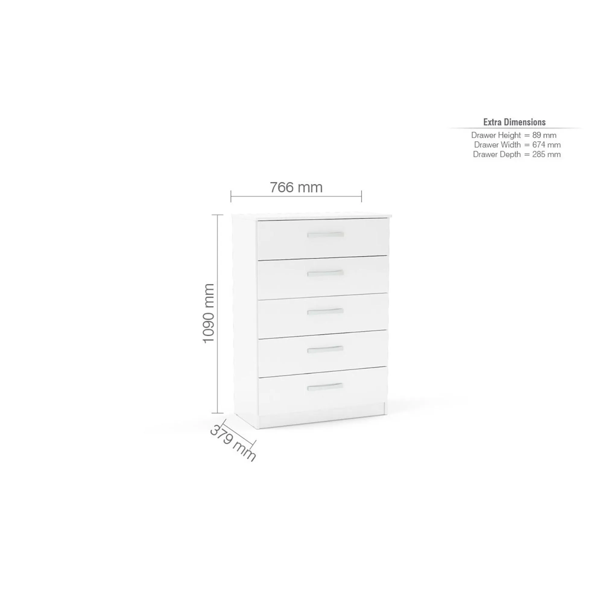 Lynx 5 Drawer Chest - White, High Gloss