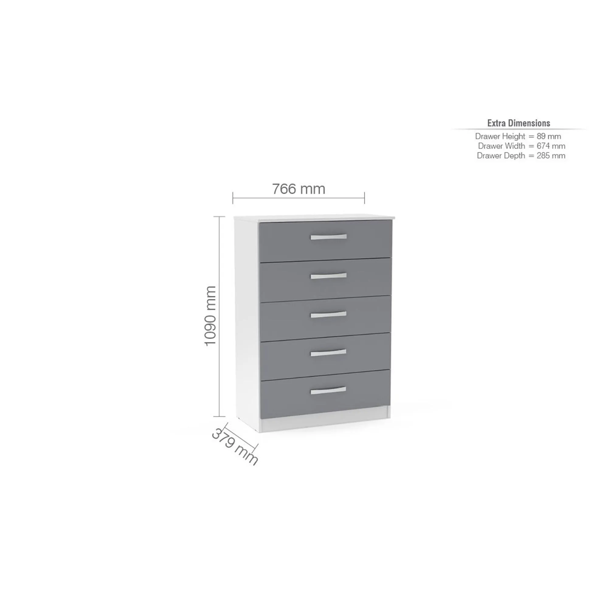 Lynx 5 Drawer Chest - White, High Gloss