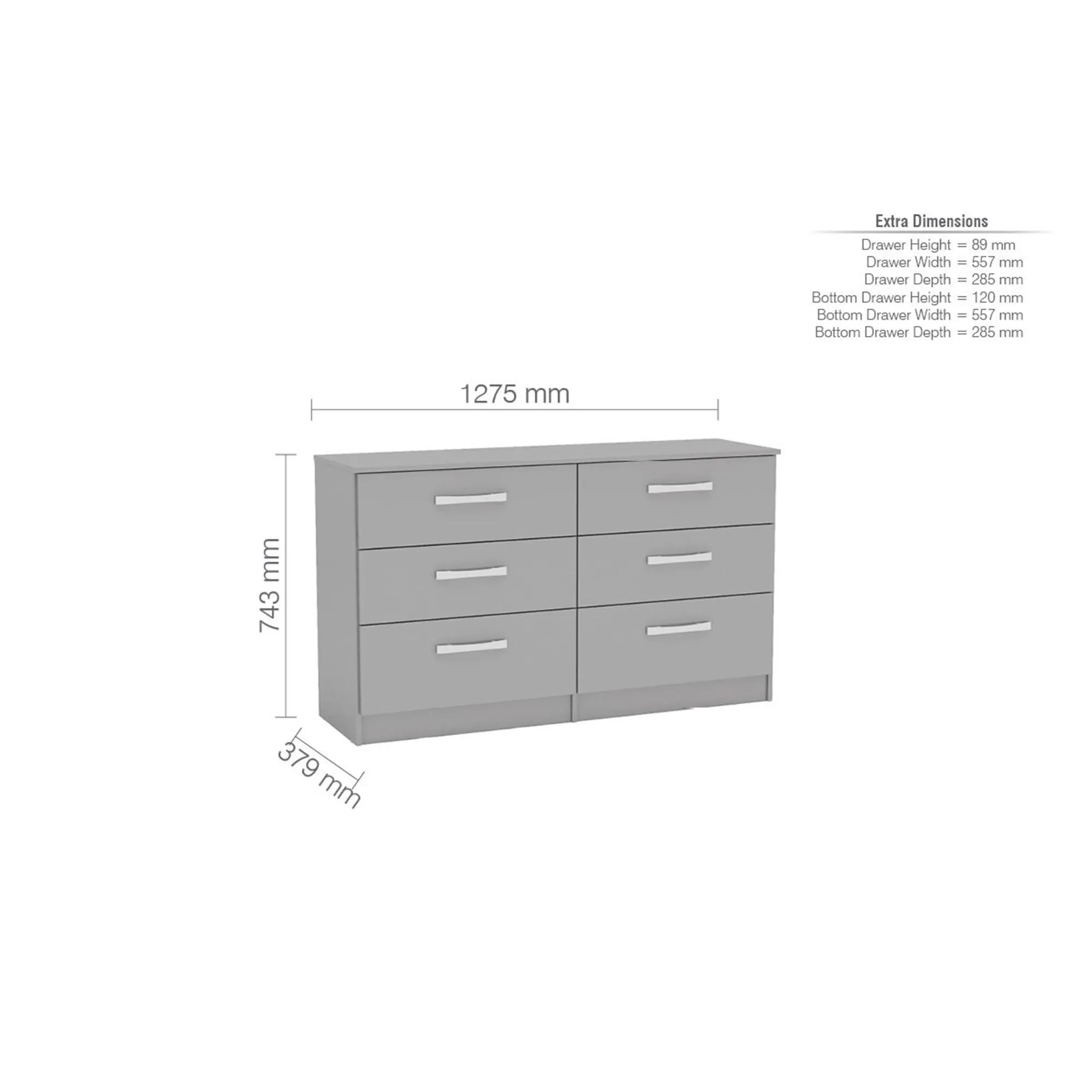 Lynx 6 Drawer Wide Chest - Grey, High Gloss