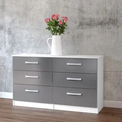 Lynx 6 Drawer Wide Chest - White and Grey, High Gloss