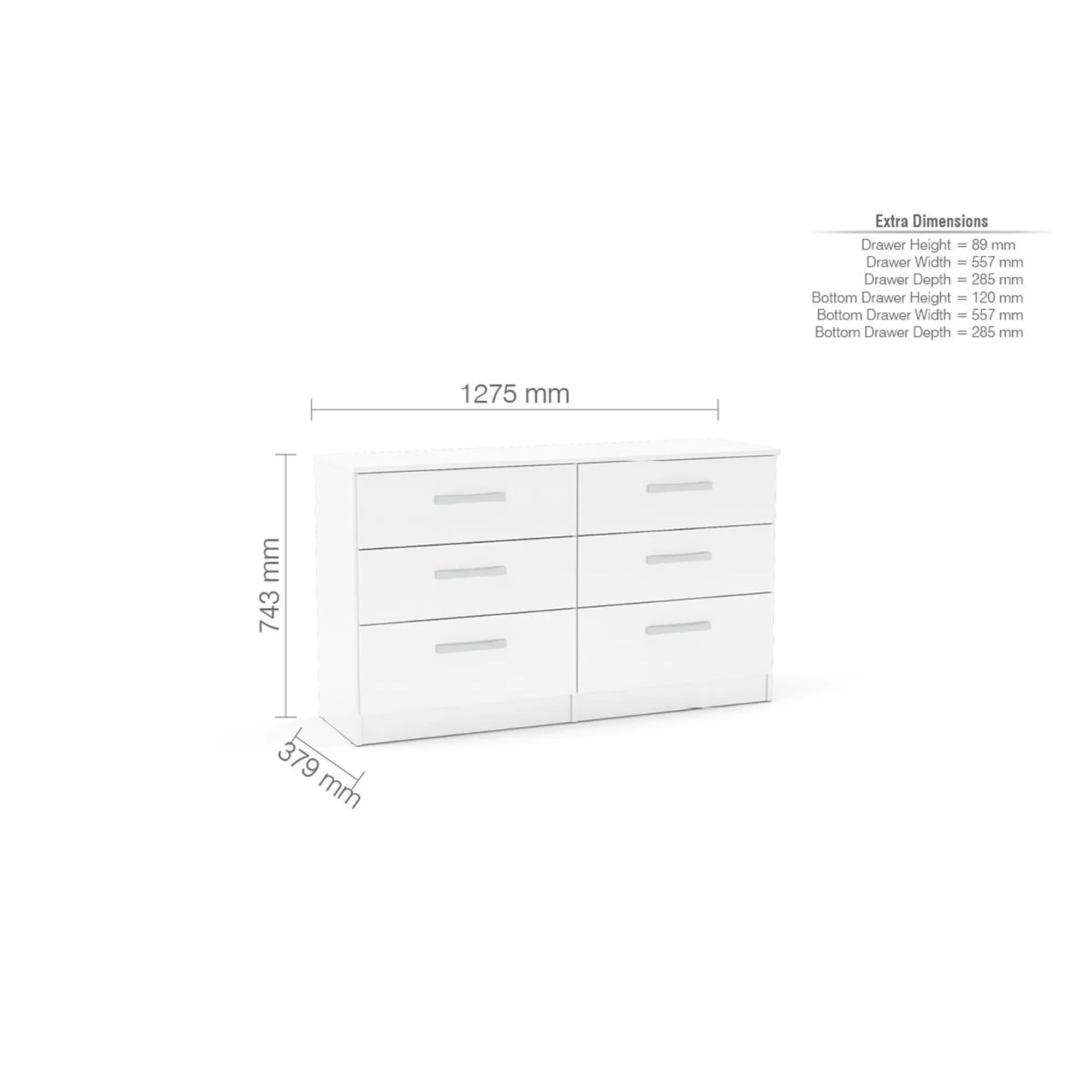 Lynx 6 Drawer Wide Chest - White, High Gloss