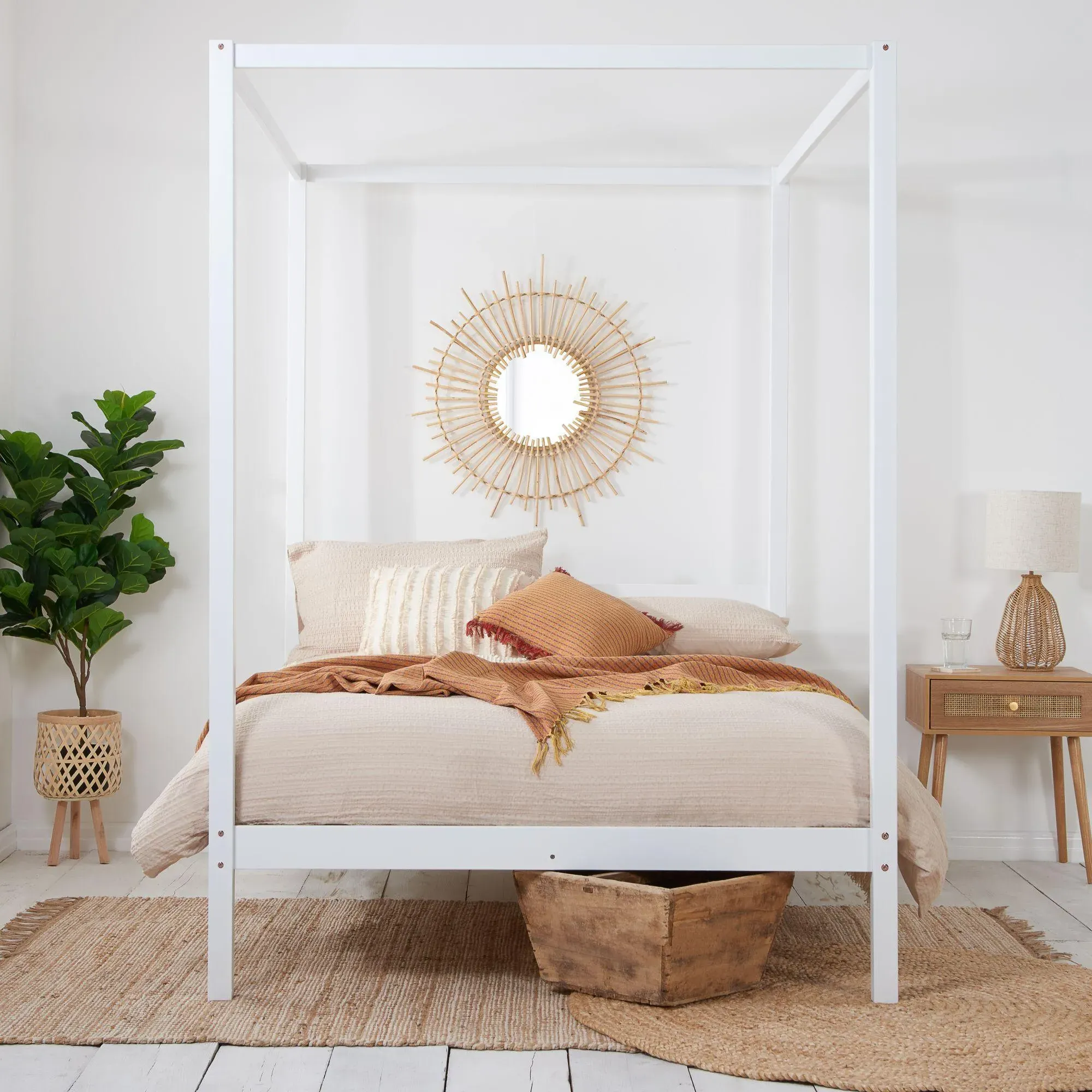 Mercia Four Poster Bed - White, Wood