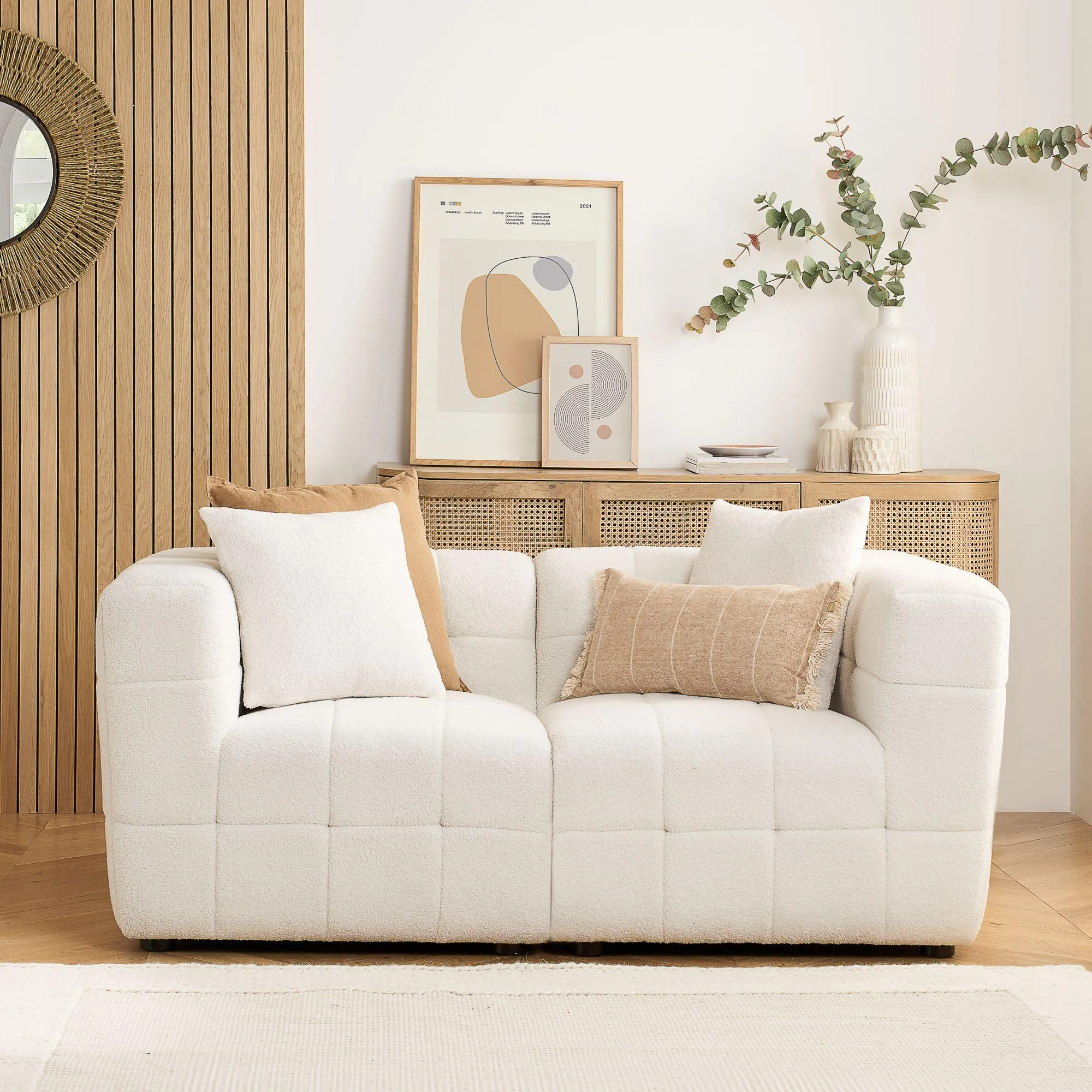 Milo 2-Seater Sofa - White, Boucle Fabric