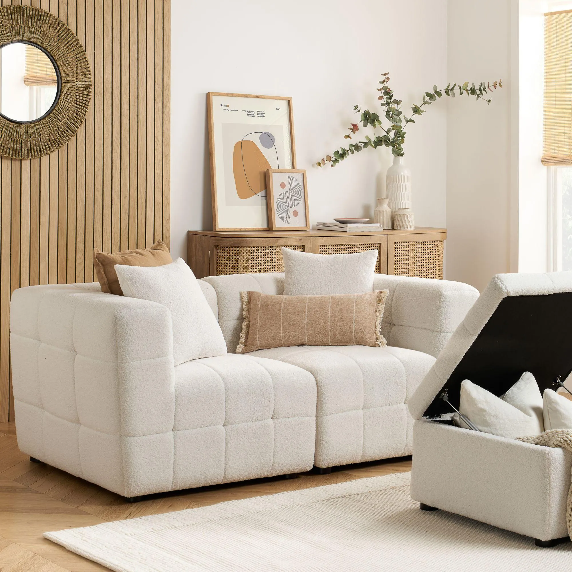 Milo 2-Seater Sofa with Ottoman - White, Boucle Fabric