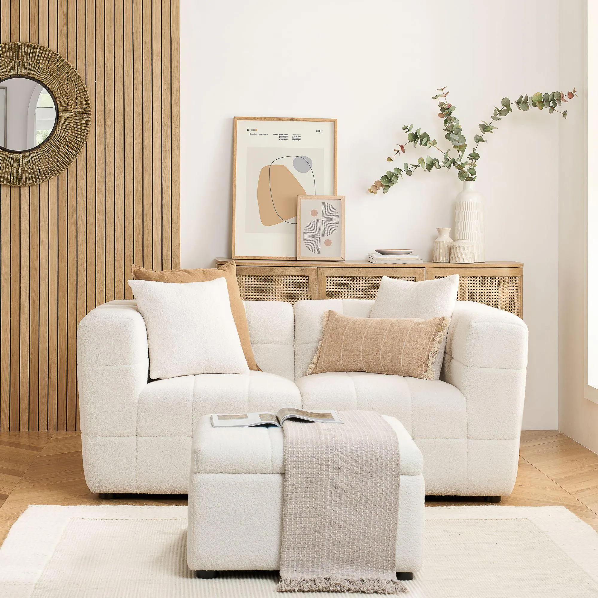 Milo 2-Seater Sofa with Ottoman - White, Boucle Fabric