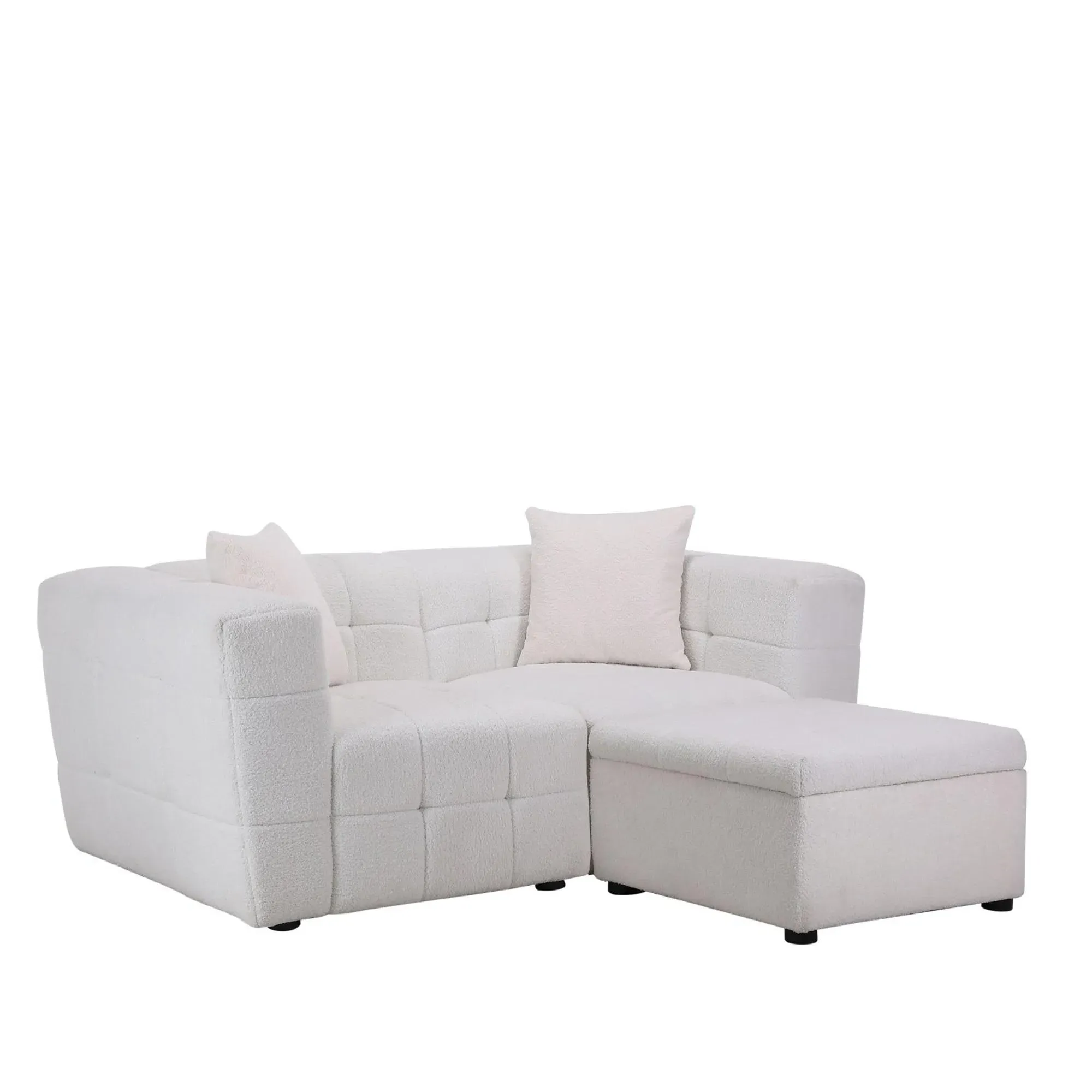 Milo 2-Seater Sofa with Ottoman - White, Boucle Fabric