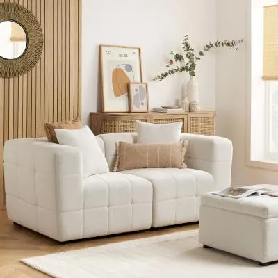 Milo 2-Seater Sofa with Ottoman - White, Boucle Fabric