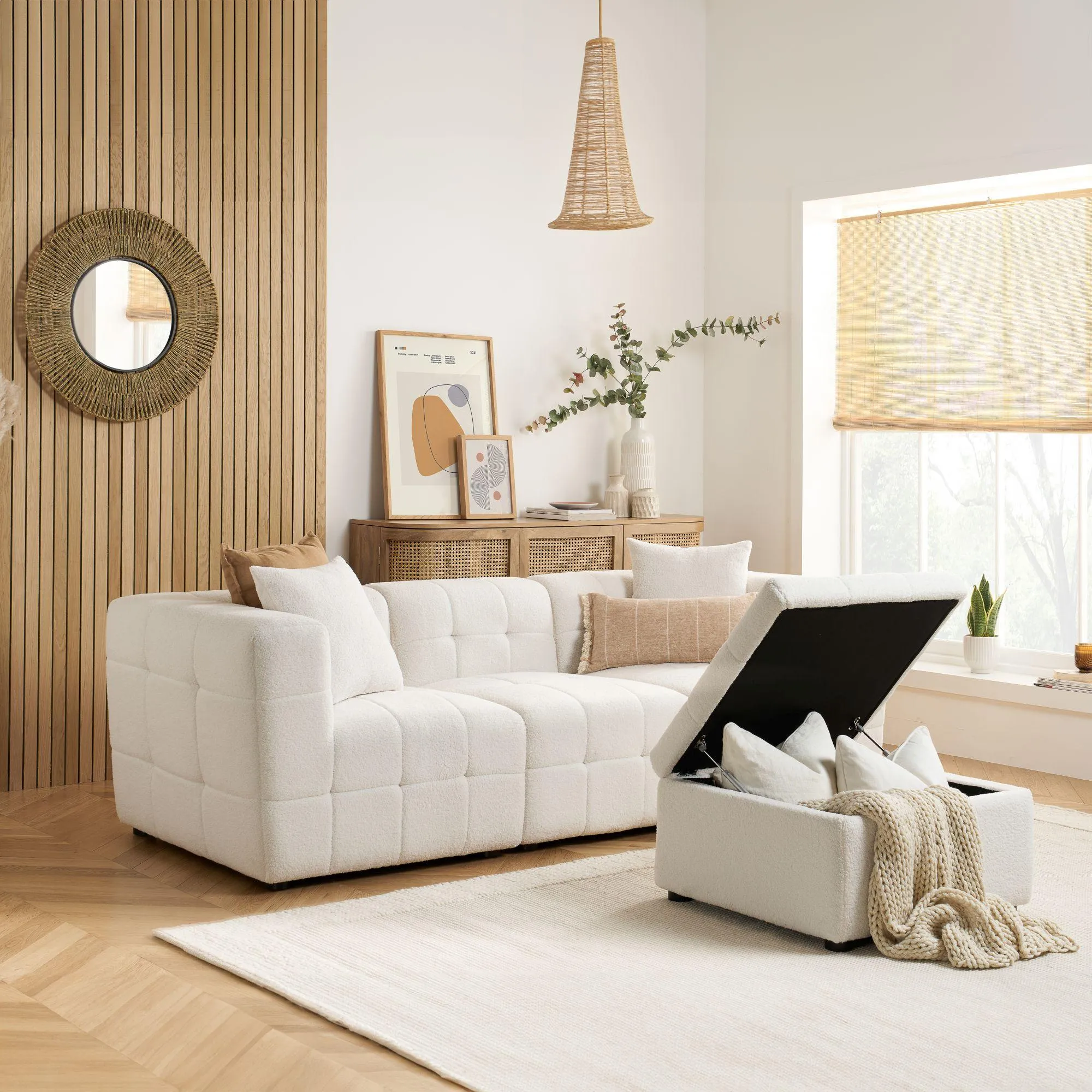 Milo 3-Seater Sofa with Ottoman - White, Boucle Fabric