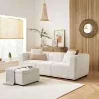 Milo 3-Seater Sofa with Ottoman - White, Boucle Fabric