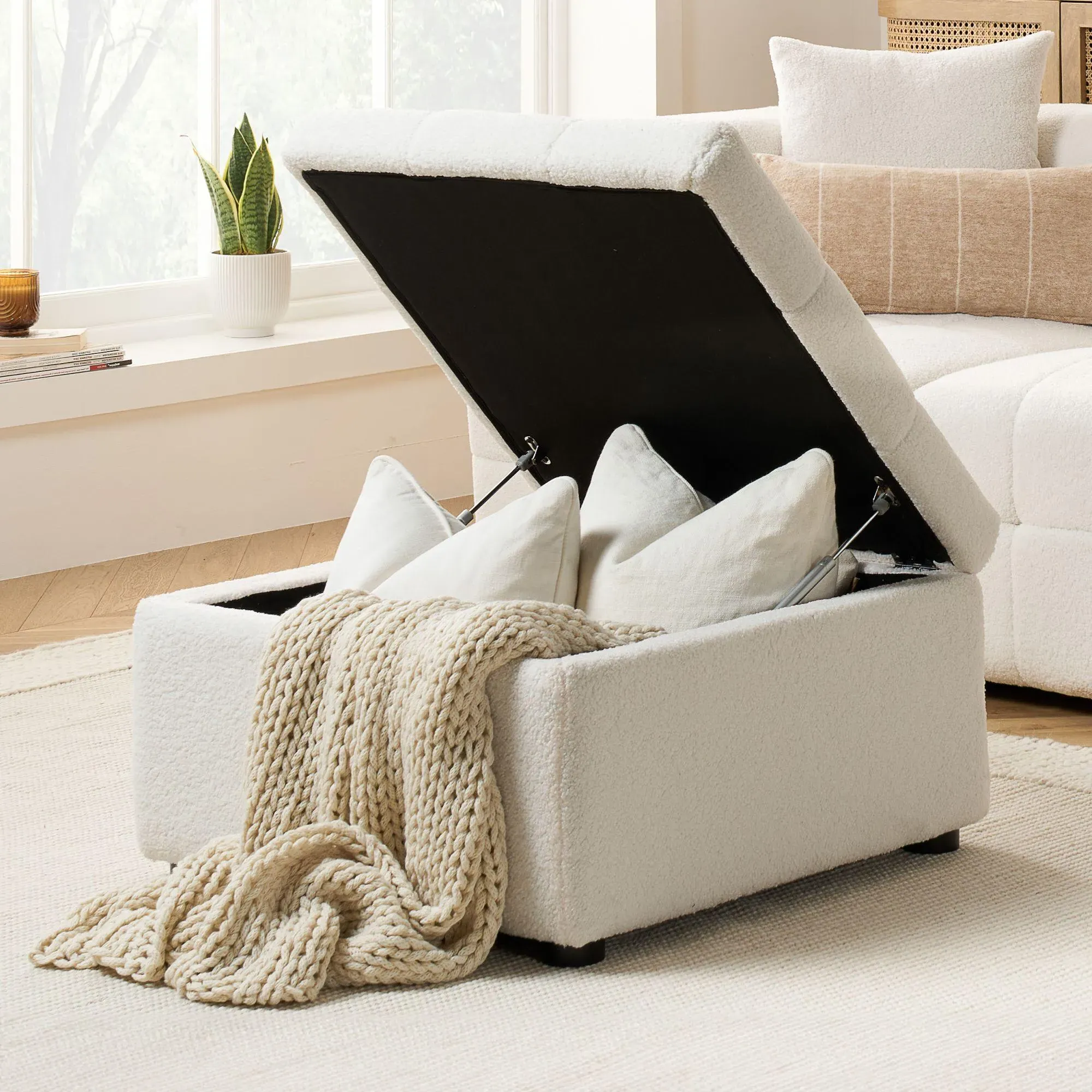 Milo Ottoman Storage Footstool - White, Boucle Fabric