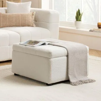 Milo Ottoman Storage Footstool - White, Boucle Fabric image