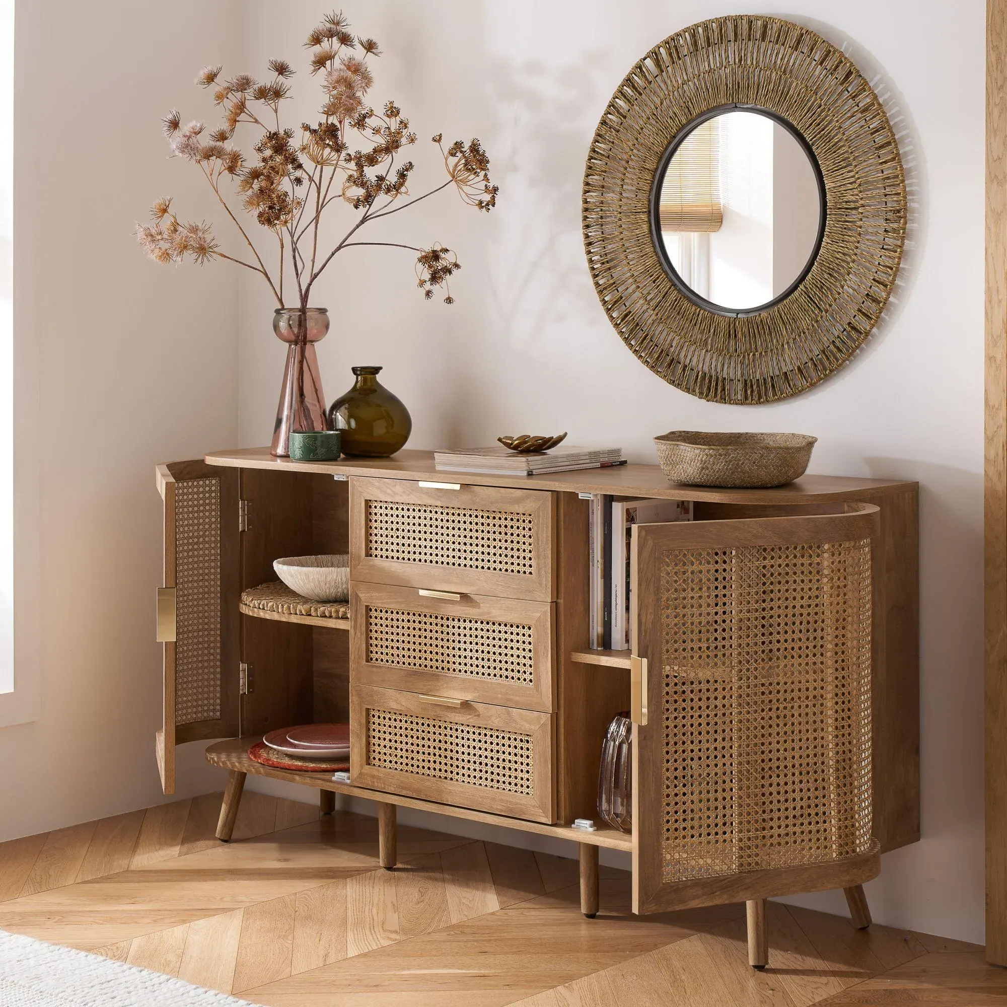 Noah Oak and Rattan Curved Medium Sideboard - Natural