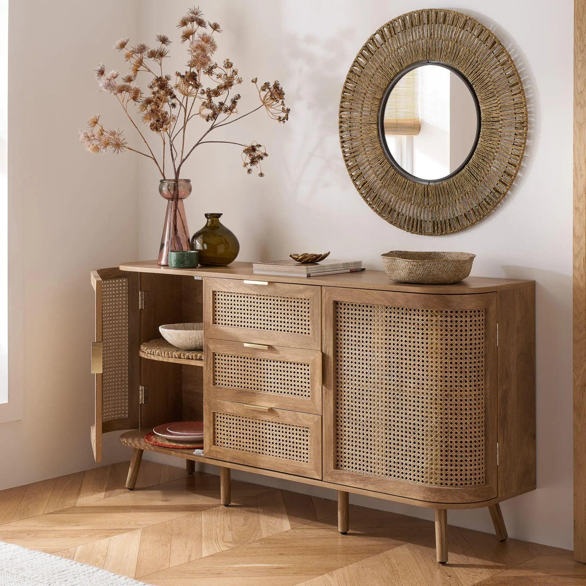 Noah Oak and Rattan Curved Medium Sideboard - Natural