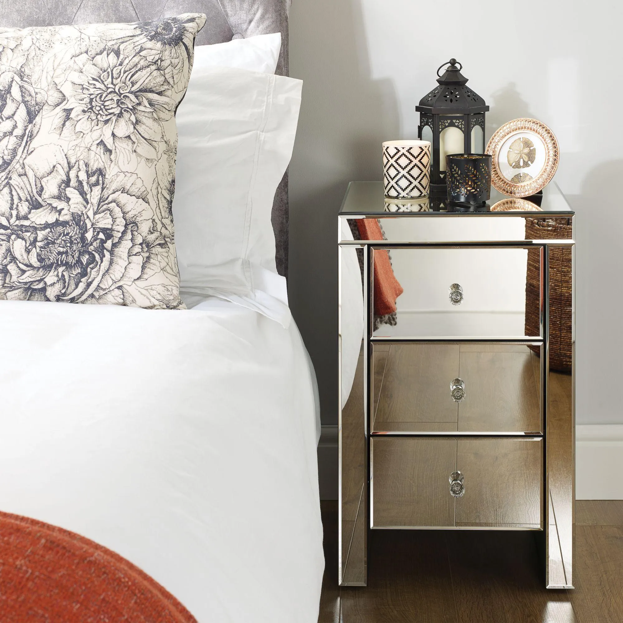Seville 3 Drawer Narrow Bedside Cabinet - Mirrored