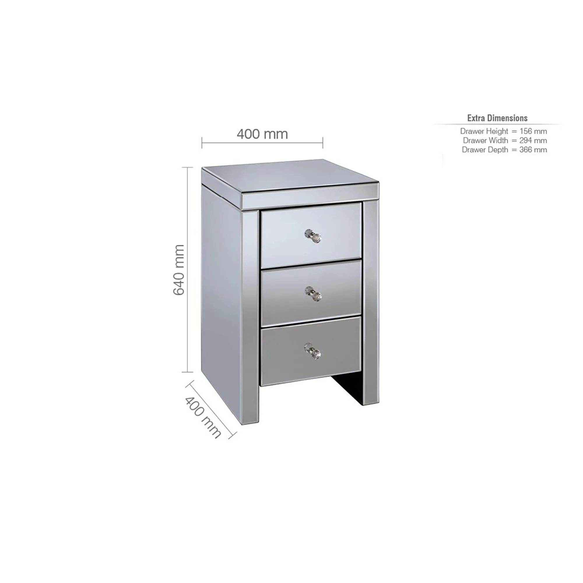 Seville 3 Drawer Narrow Bedside Cabinet - Mirrored