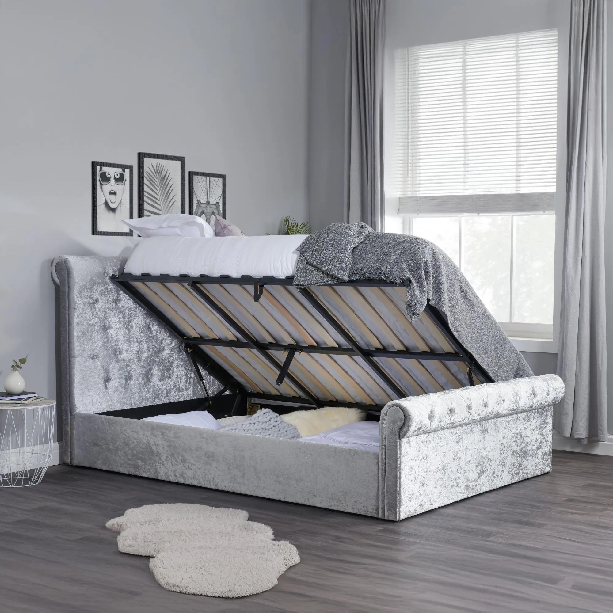 Sienna Side Ottoman Storage Bed - Steel, Crushed Velvet