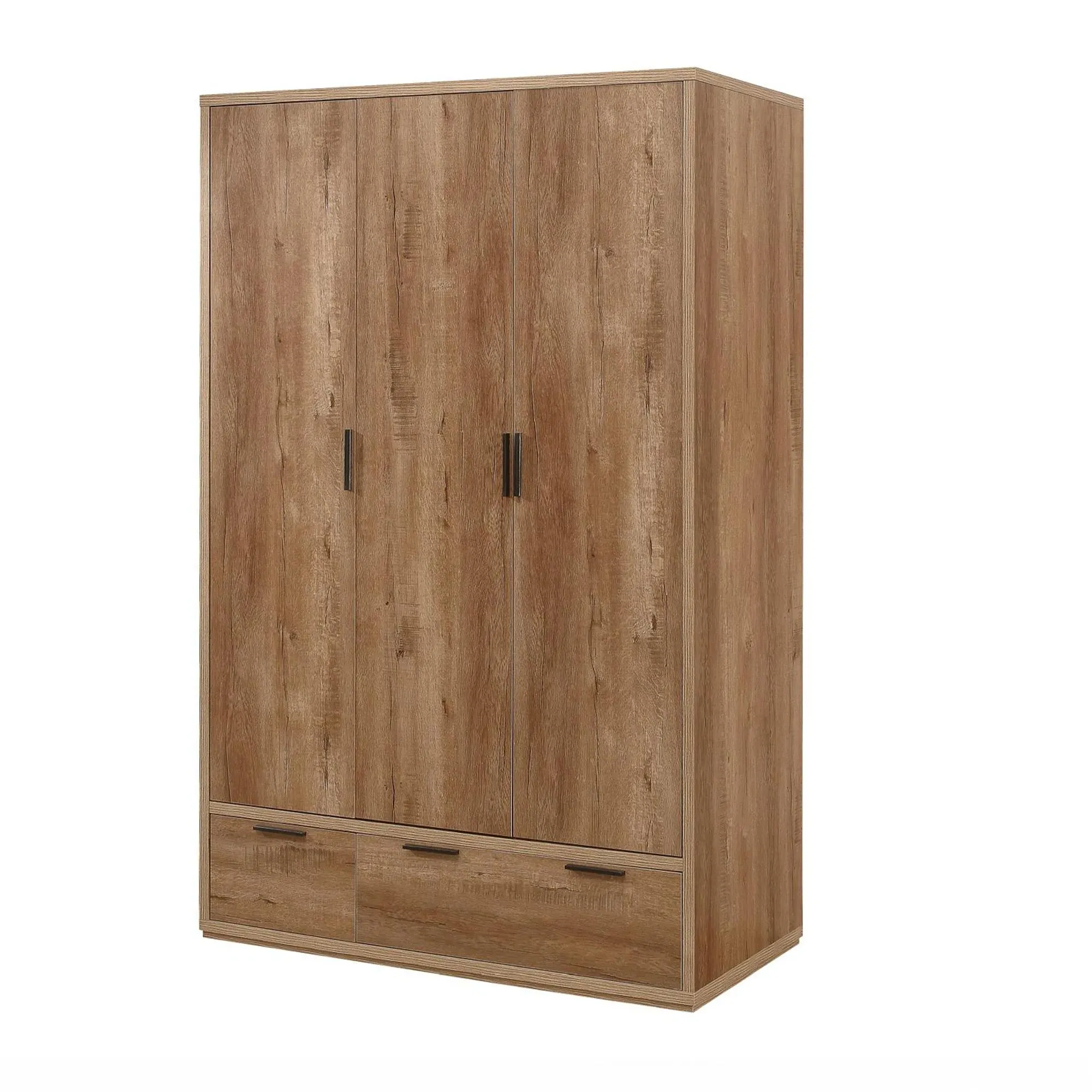 Stockwell 3 Door Wardrobe with 2 Drawers - Rustic Oak
