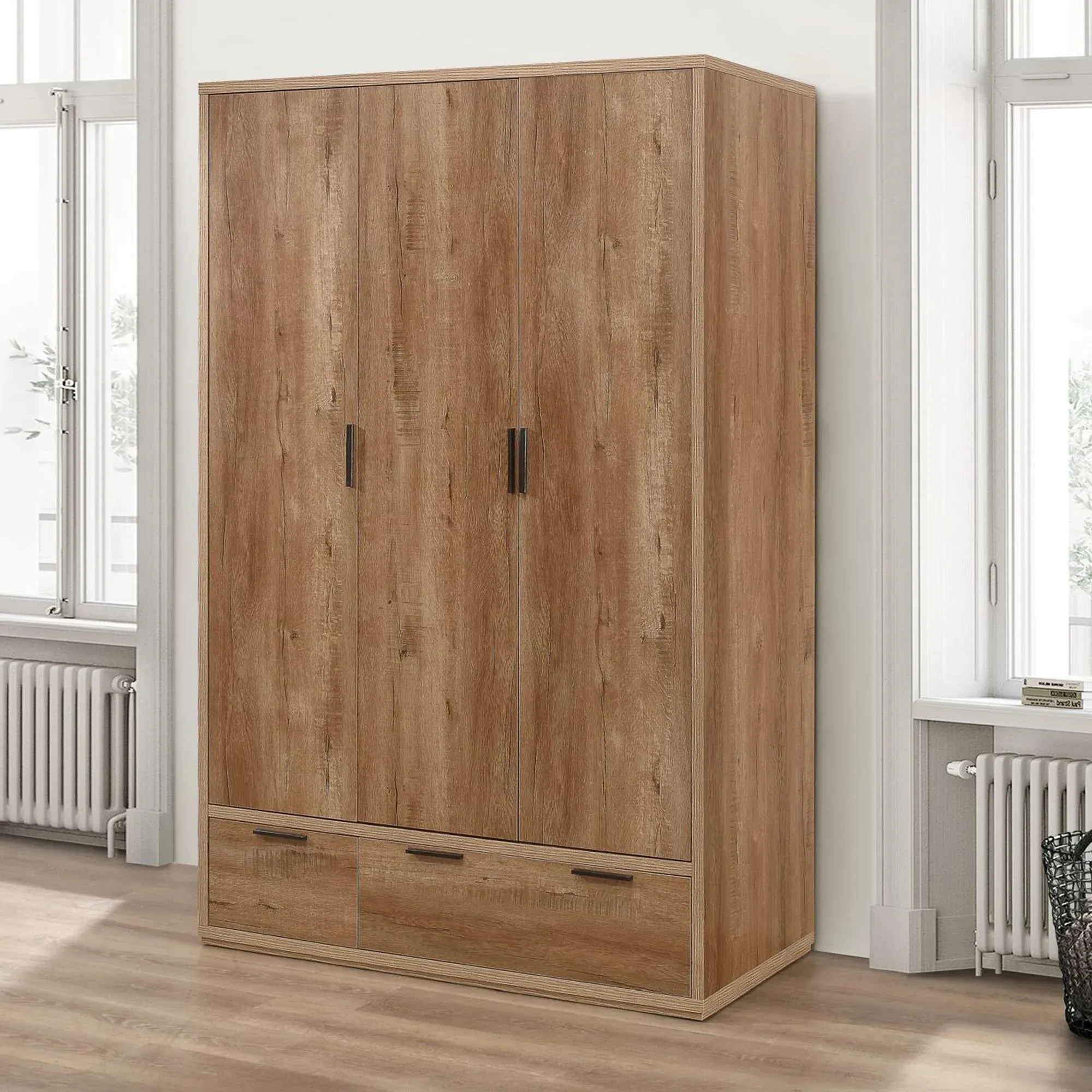 Stockwell 3 Door Wardrobe with 2 Drawers - Rustic Oak