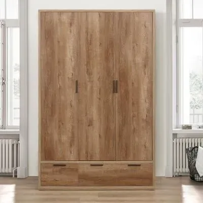 Stockwell 3 Door Wardrobe with 2 Drawers - Rustic Oak image