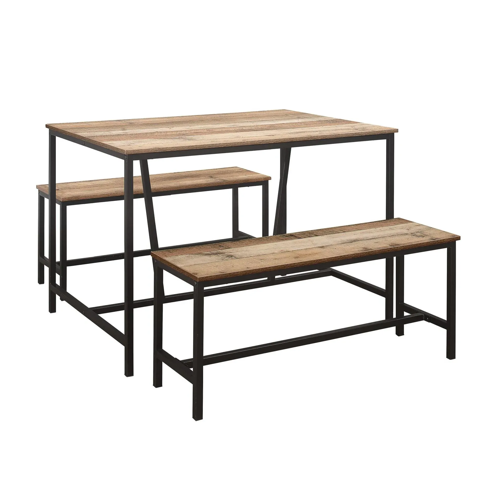 Urban Dining Set with 2 Benches - Rustic, Wood
