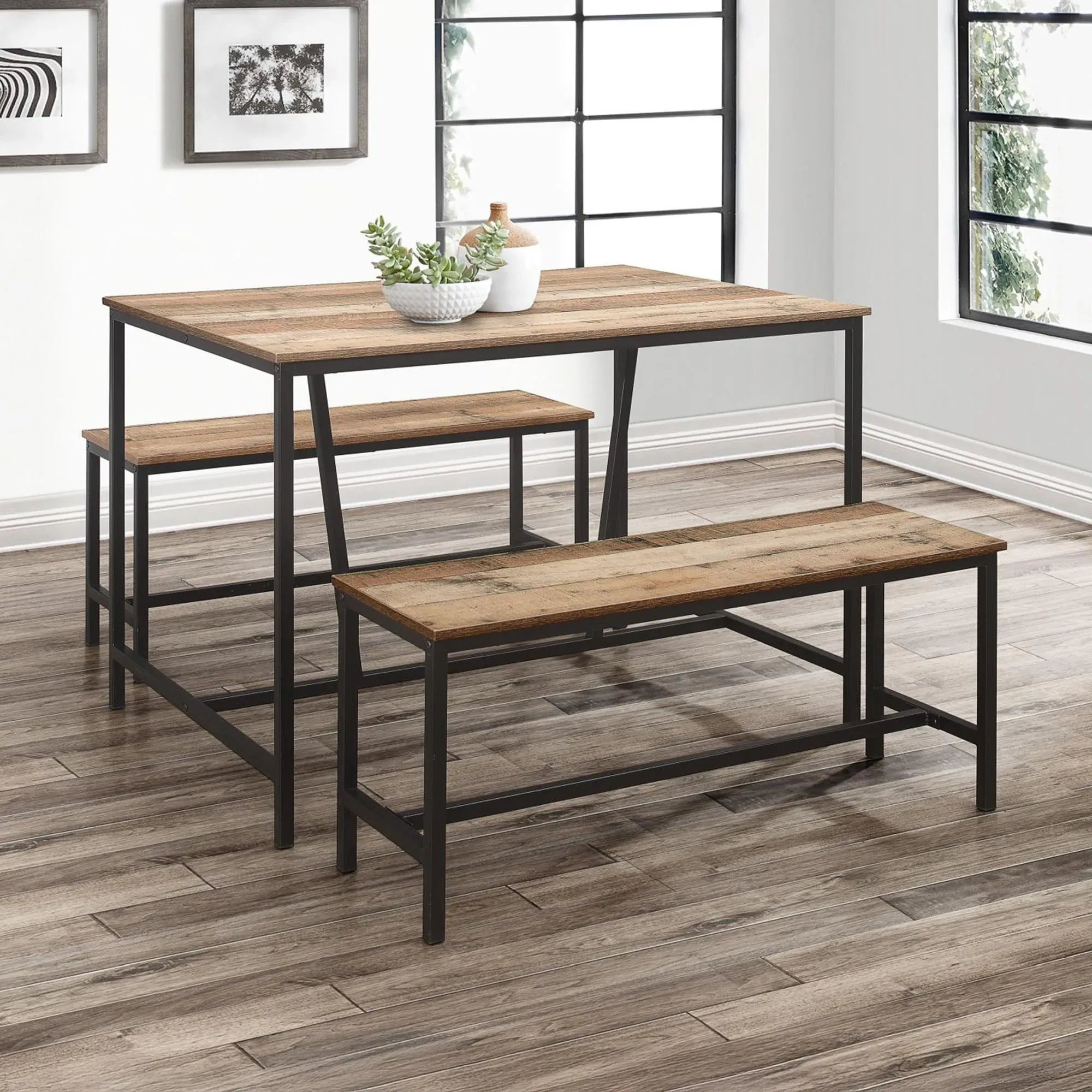 Urban Dining Set with 2 Benches - Rustic, Wood