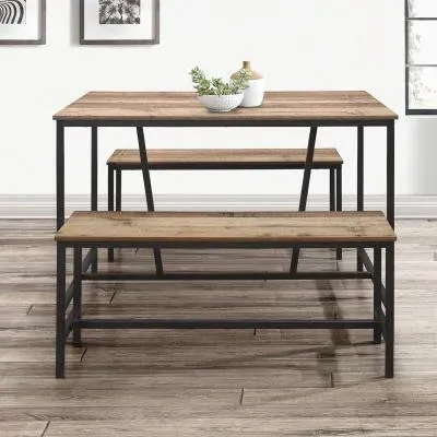 Urban Dining Set with 2 Benches - Rustic, Wood image