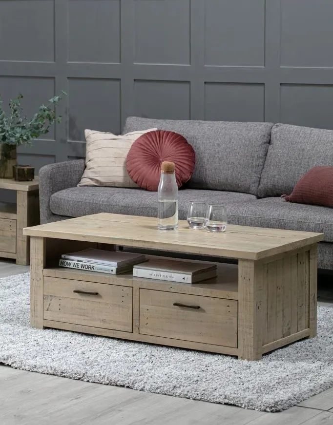 2 Drawer Coffee Table - Washed Grey, Reclaimed Pine
