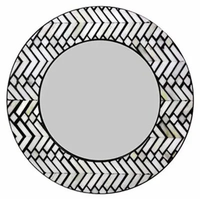 Allentown Round Wall Mirror with Chevron Inlay - Monochrome