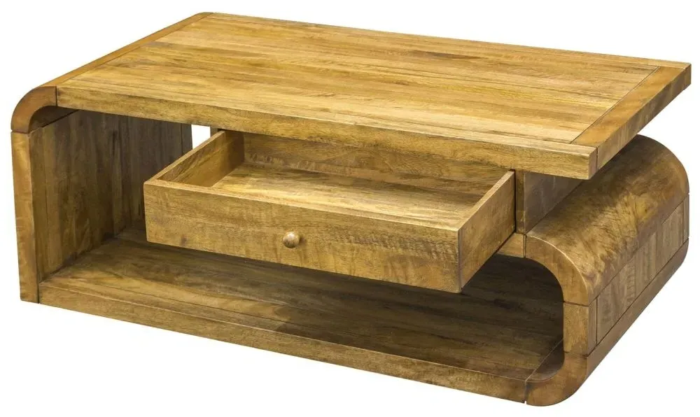 Curved Edge Coffee Table with Drawer - Rustic Brown, Mango Wood