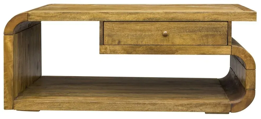 Curved Edge Coffee Table with Drawer - Rustic Brown, Mango Wood