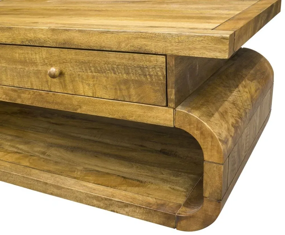 Curved Edge Coffee Table with Drawer - Rustic Brown, Mango Wood