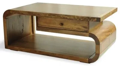 Curved Edge Coffee Table with Drawer - Rustic Brown, Mango Wood