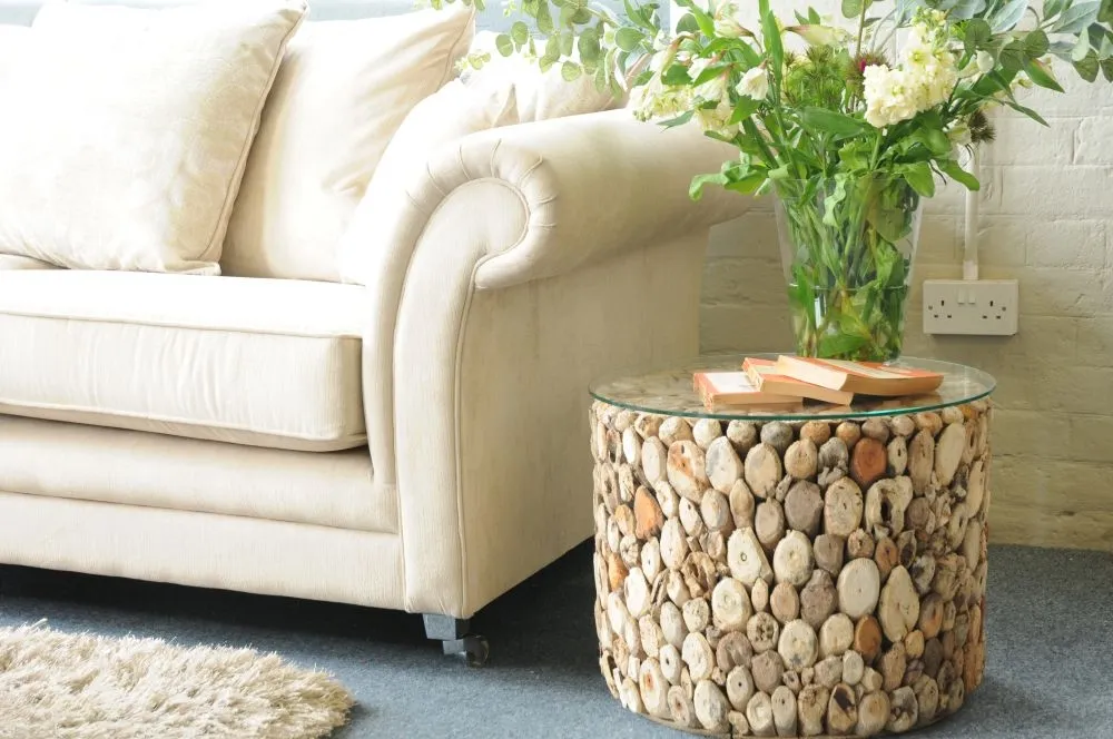 Driftwood Drum Lamp Table - Weathered, Glass